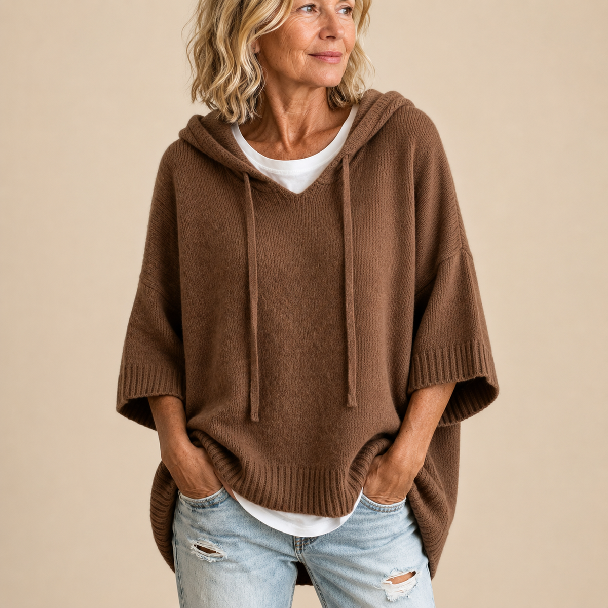 Oriana | Poncho de punto con capucha y manga tres cuartos para Mujer