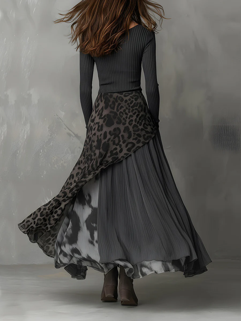 Nkem - Vestido Largo a Rayas con Estampado de Leopardo