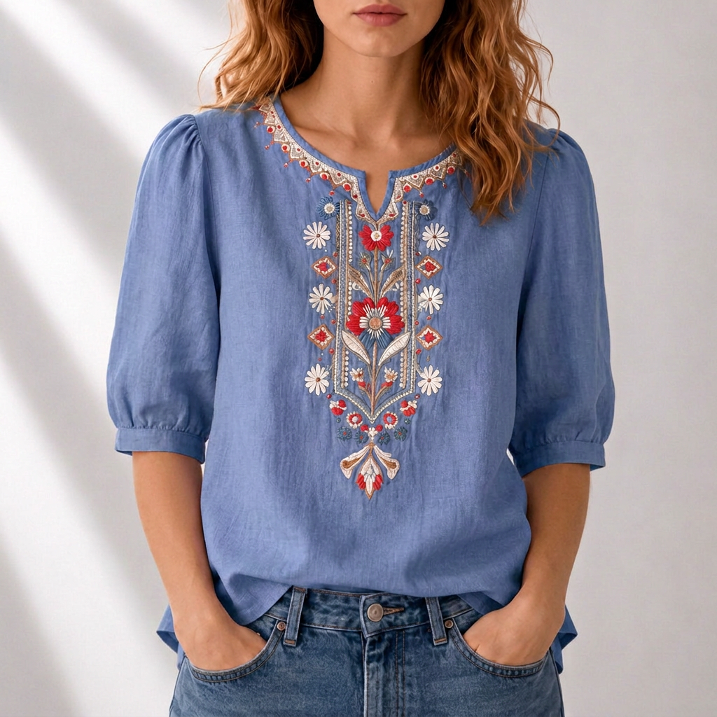Marianne - Blusa Bordado Floral Frontal Manga Corta Fruncida para Mujer