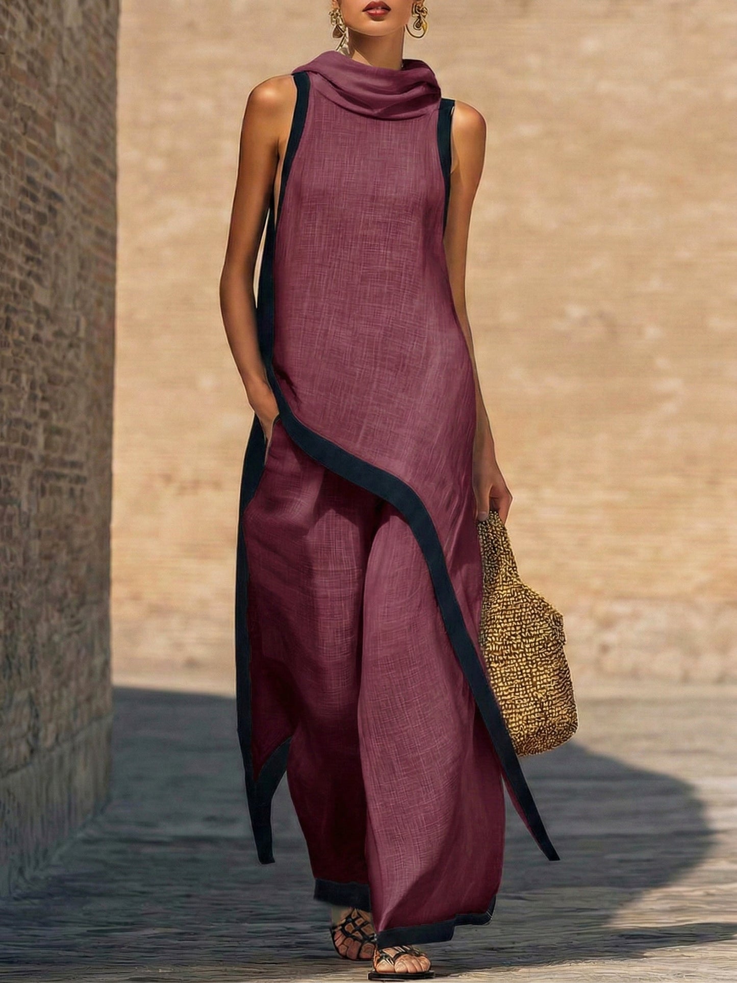 Ruca - Conjunto de dos piezas elegante de lino y algodón con corte artístico para Mujer