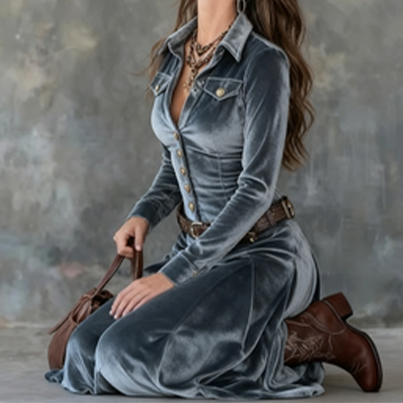 Naria | Vestido maxi de terciopelo para damas con mangas largas