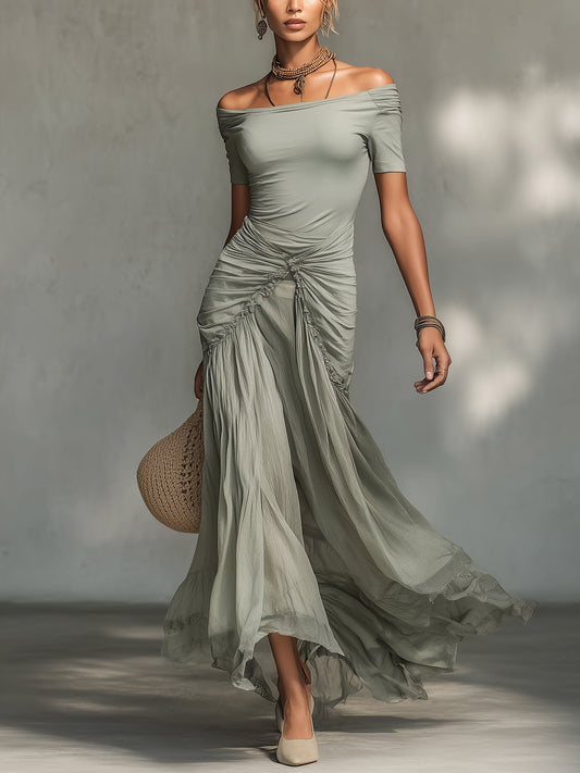 Clara - Vestido Maxi de Tela Stretch Gris y Chiffon para Mujer
