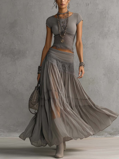 Luisa - Conjunto de Top de Encaje y Falda Maxi Plisada