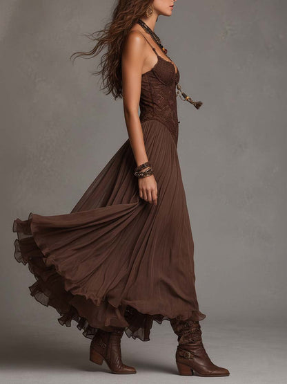 Natalia - Vestido Maxi de Chiffon con Paneles de Encaje Marrón Oscuro para Mujer