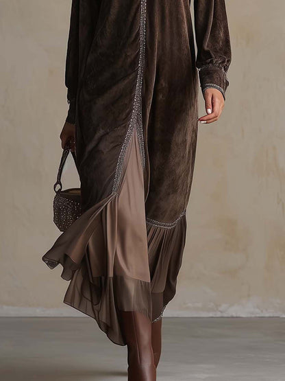 Teresa | Vestido midi acampanado en ante sintético con escote en V para Mujer