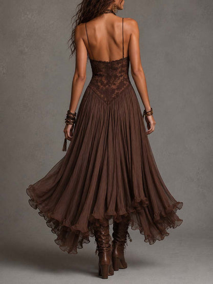 Natalia - Vestido Maxi de Chiffon con Paneles de Encaje Marrón Oscuro para Mujer
