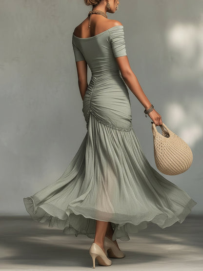 Clara - Vestido Maxi de Tela Stretch Gris y Chiffon para Mujer