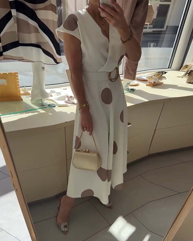 Lorena - Vestido midi para mujer con lunares y escote en V