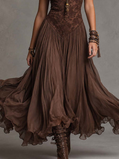 Natalia - Vestido Maxi de Chiffon con Paneles de Encaje Marrón Oscuro para Mujer