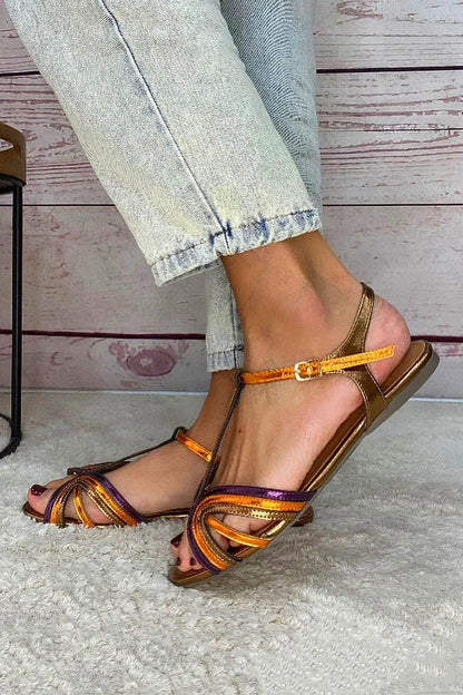 Tola - Sandalias doradas con hebilla y tira multicolor para Mujer