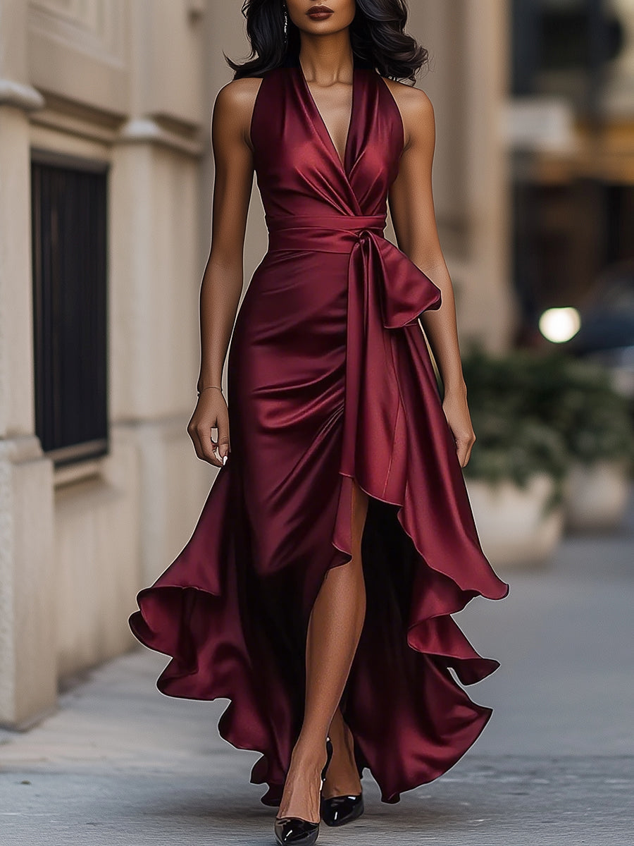 DELAS | Vestido de Satén Drapé en la Cintura para Mujer