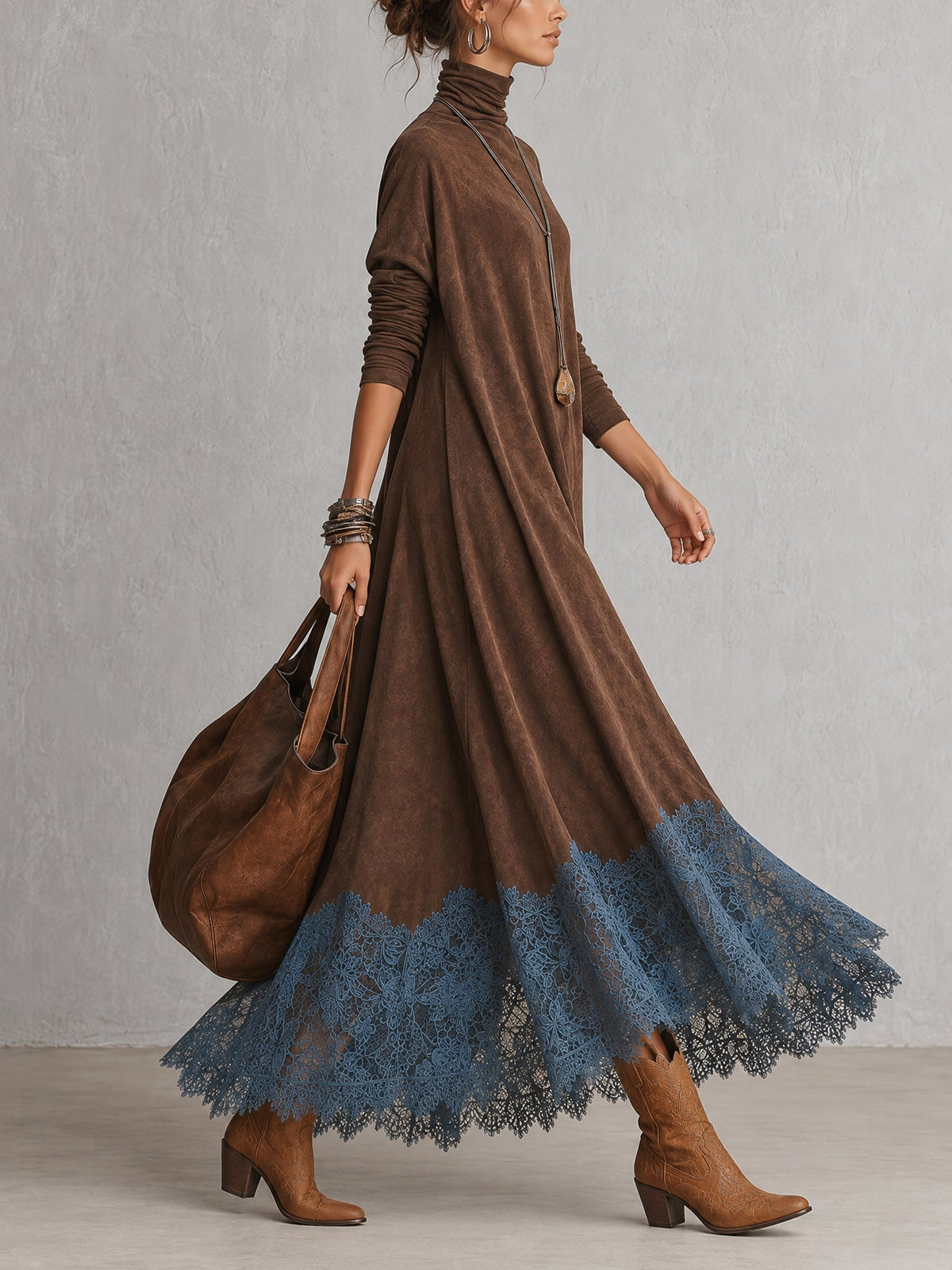Dria - Vestido Maxi de Manga Larga en Suede Marrón Vintage para Mujer