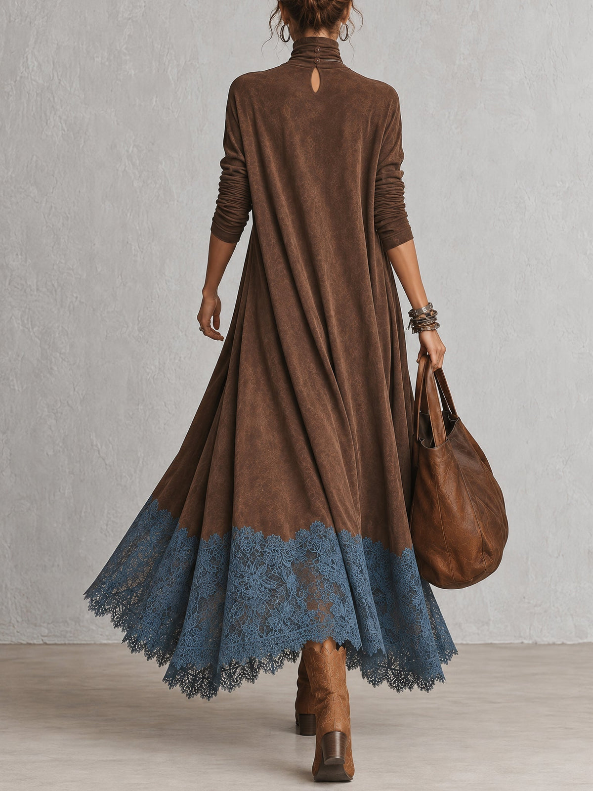 Dria - Vestido Maxi de Manga Larga en Suede Marrón Vintage para Mujer