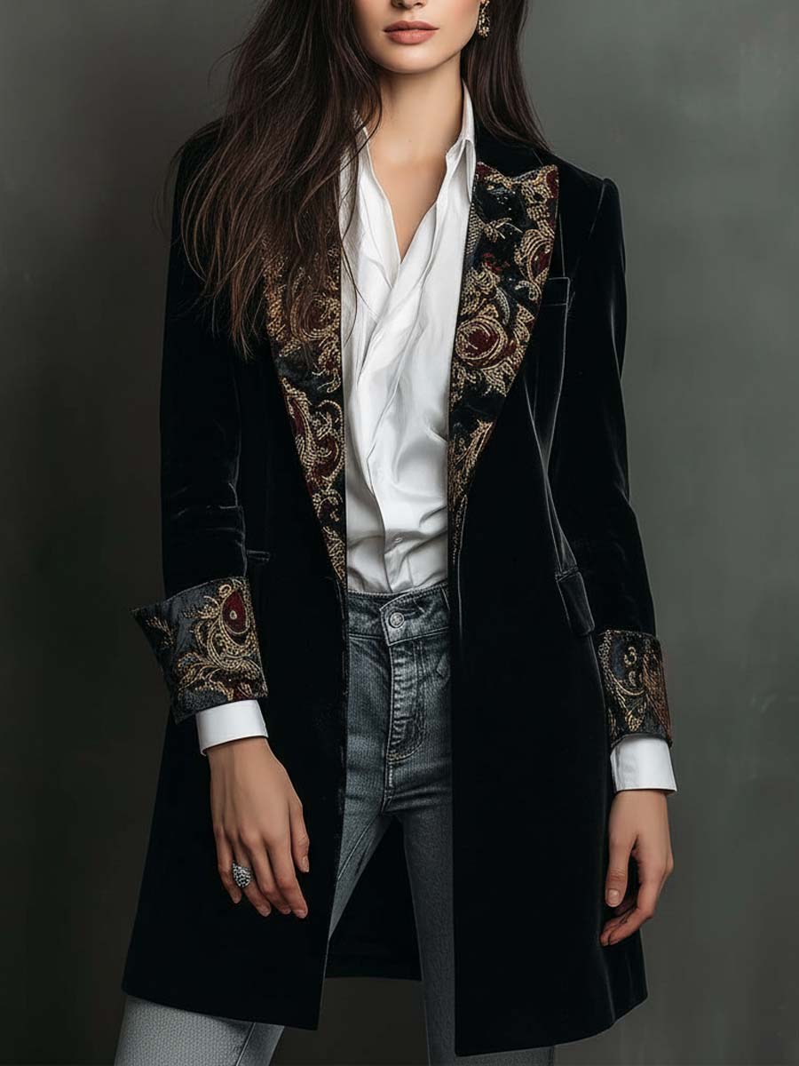 Carol - Blazer Slim Fit Negro Estampado Barroco para Mujer