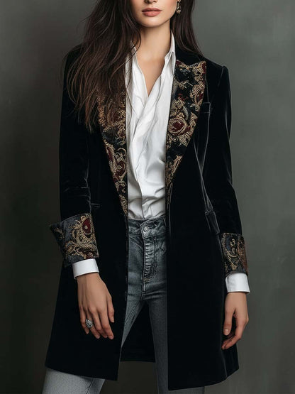 Carol - Blazer Slim Fit Negro Estampado Barroco para Mujer