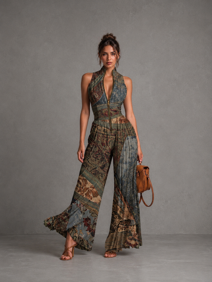 Rosario - Mono de gasa de corte ancho con pliegues, sin mangas, cremallera y estampado étnico bohemio para Mujer