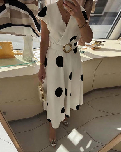 Lorena - Vestido midi para mujer con lunares y escote en V