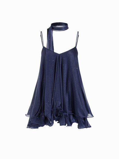 Brisa - Minivestido con escote en V, cuello halter, volantes y pañuelo para Mujer
