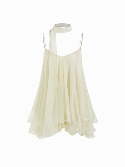 Brisa - Minivestido con escote en V, cuello halter, volantes y pañuelo para Mujer