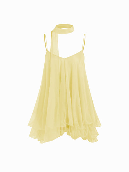 Brisa - Minivestido con escote en V, cuello halter, volantes y pañuelo para Mujer