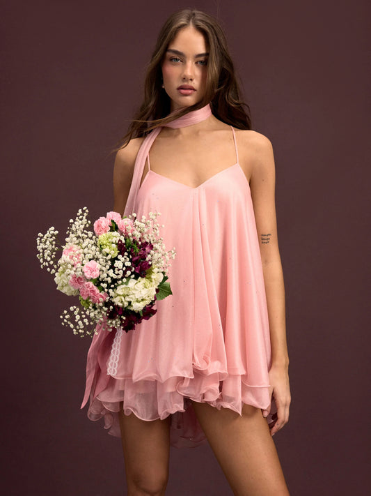 Brisa - Minivestido con escote en V, cuello halter, volantes y pañuelo para Mujer