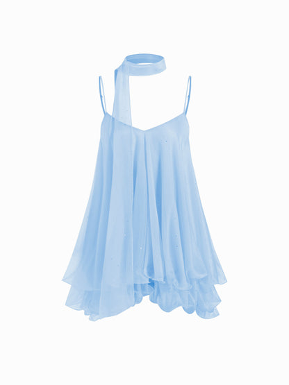 Brisa - Minivestido con escote en V, cuello halter, volantes y pañuelo para Mujer