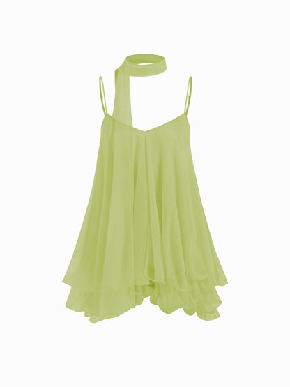 Brisa - Minivestido con escote en V, cuello halter, volantes y pañuelo para Mujer