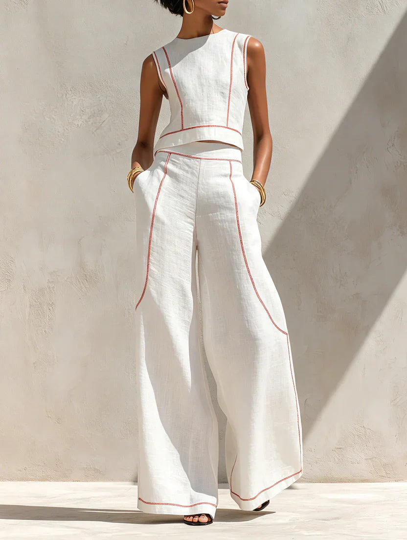Vitto | Conjunto blanco con top sin mangas y pantalón de pierna ancha para Mujer
