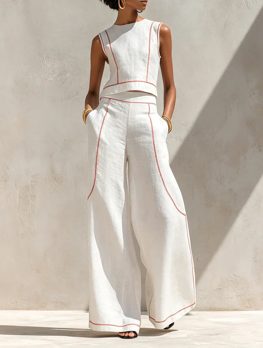 Vitto | Conjunto blanco con top sin mangas y pantalón de pierna ancha para Mujer