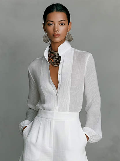 Elisabetta | Conjunto blanco con camisa de cuello mao y pantalones cortos para Mujer