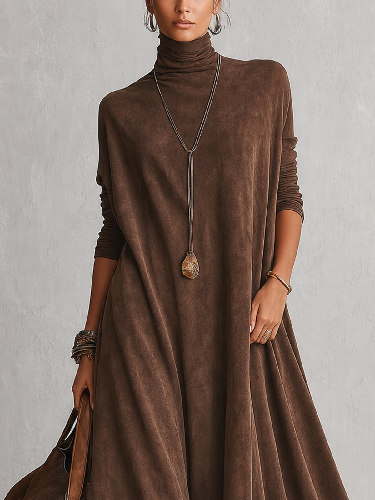 Dria - Vestido Maxi de Manga Larga en Suede Marrón Vintage para Mujer