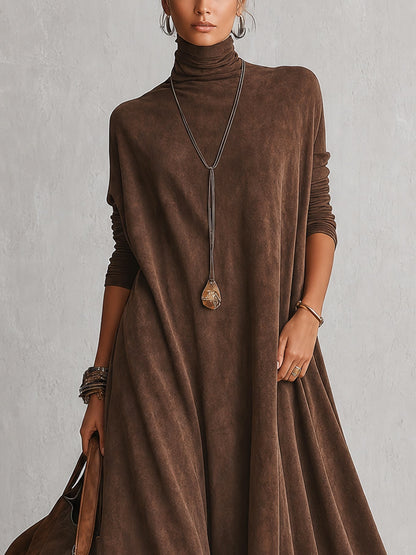 Dria - Vestido Maxi de Manga Larga en Suede Marrón Vintage para Mujer