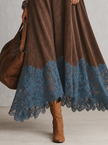 Dria - Vestido Maxi de Manga Larga en Suede Marrón Vintage para Mujer
