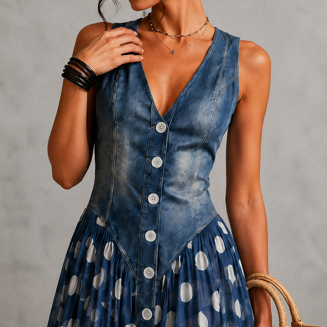 Rusca - Elegante vestido largo sin mangas de mezclilla falsa con lunares para Mujer