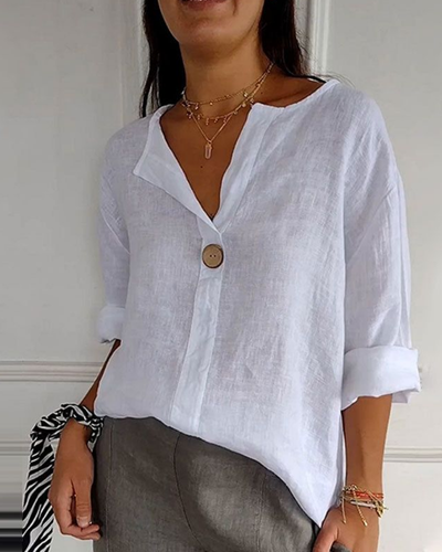 ARAI - Top de algodón y lino con cuello en V y botones
