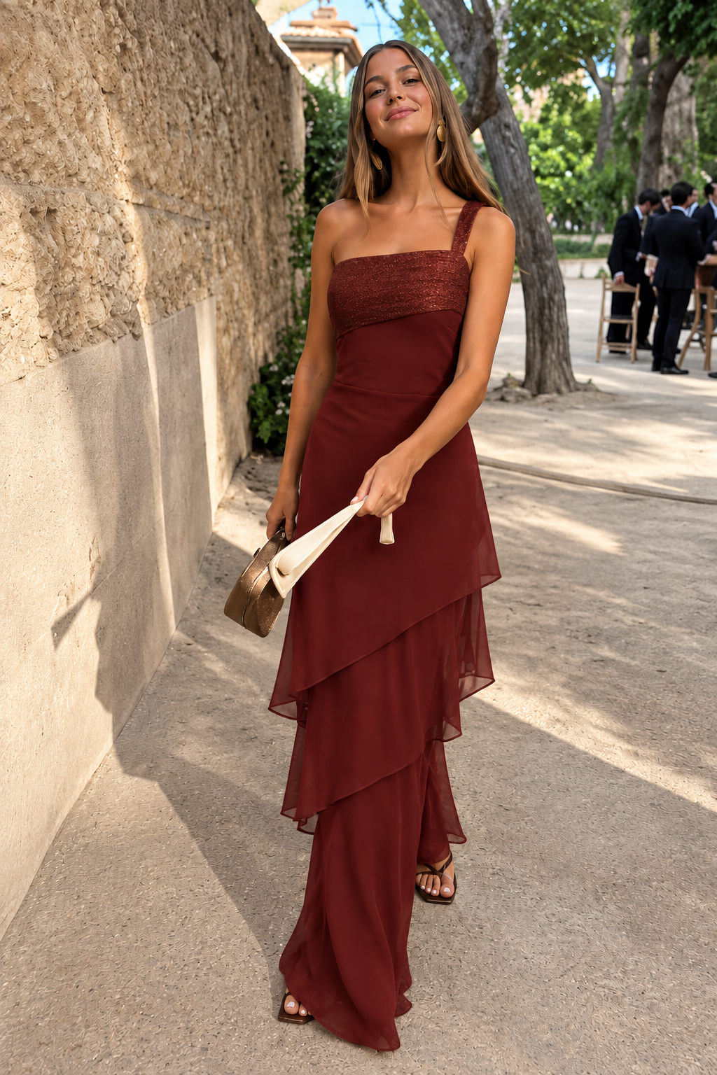 ELIA | Vestido largo asimétrico con volantes para Mujer