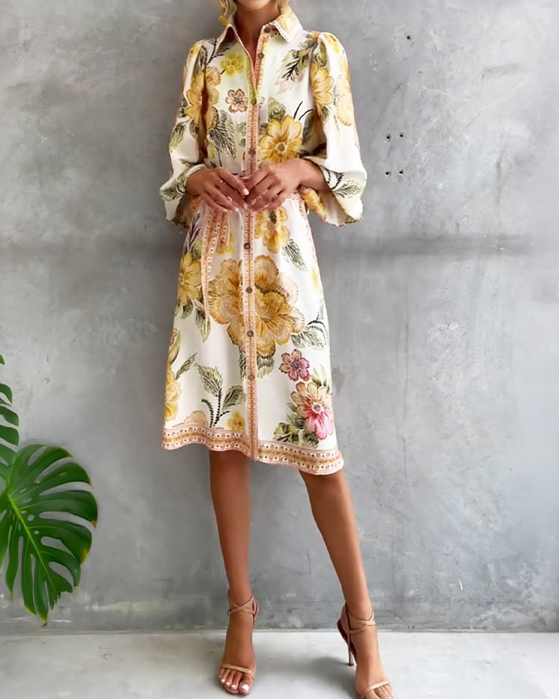 Rosalva - Vestido de Manga Lámpara con Cuello Fruncido Impreso para Mujer