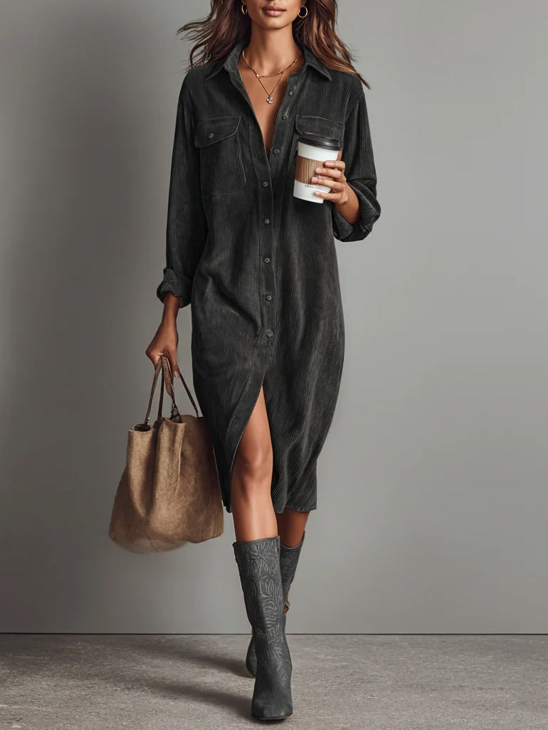 Margriet | Vestido Midi de Terciopelo Acanalado con Bolsillos y Botonadura Simple para Mujer