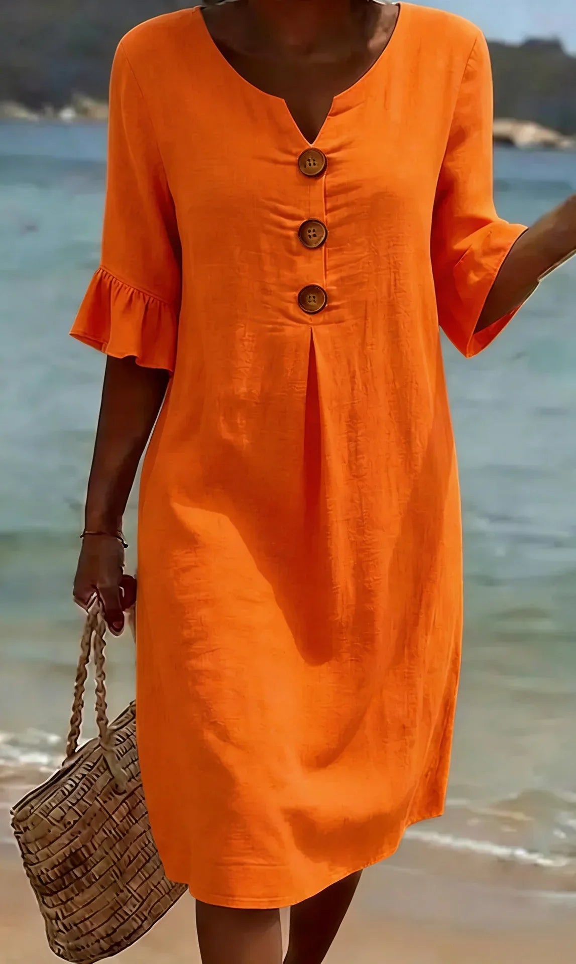 Vanesa | Vestido con textura de lino con manga abullonada y botones para Mujer