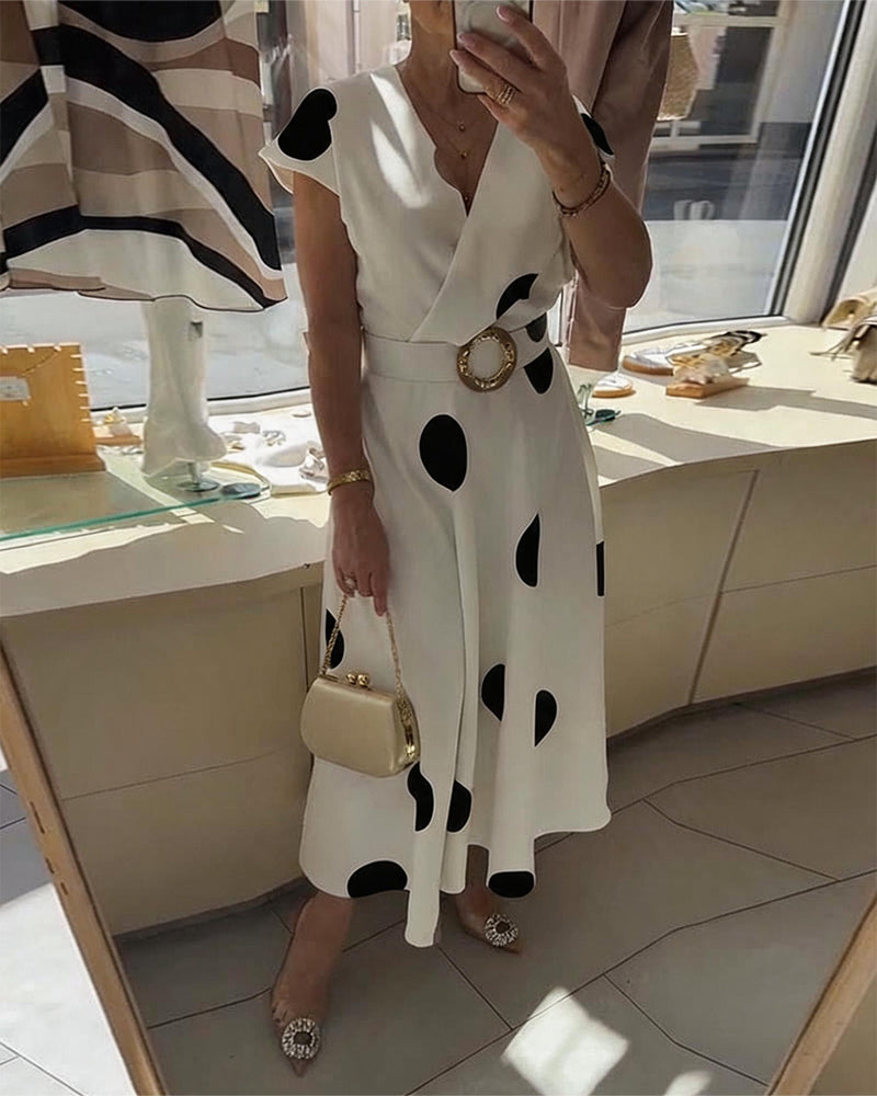 Lorena - Vestido midi para mujer con lunares y escote en V