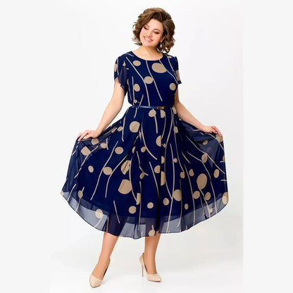 IVY | VESTIDO MIDI DE CHIFÓN CON ESTAMPADO DE LUNARES AZUL MARINO PARA MUJER