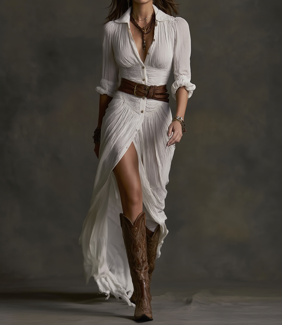 Aurora | Vestido Largo de Lino con Cuello Invertido para Mujer