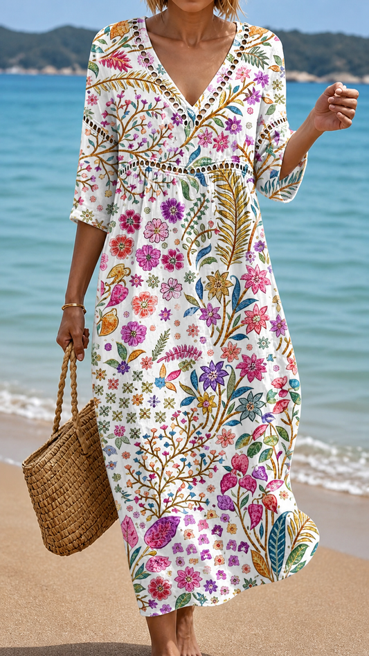 Flor - Vestido Midi Suave con Elegante Patrón Floral Multicolor para Mujer