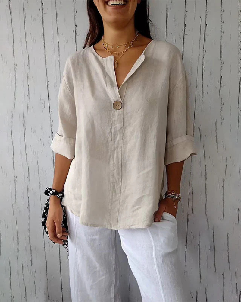ARAI - Top de algodón y lino con cuello en V y botones