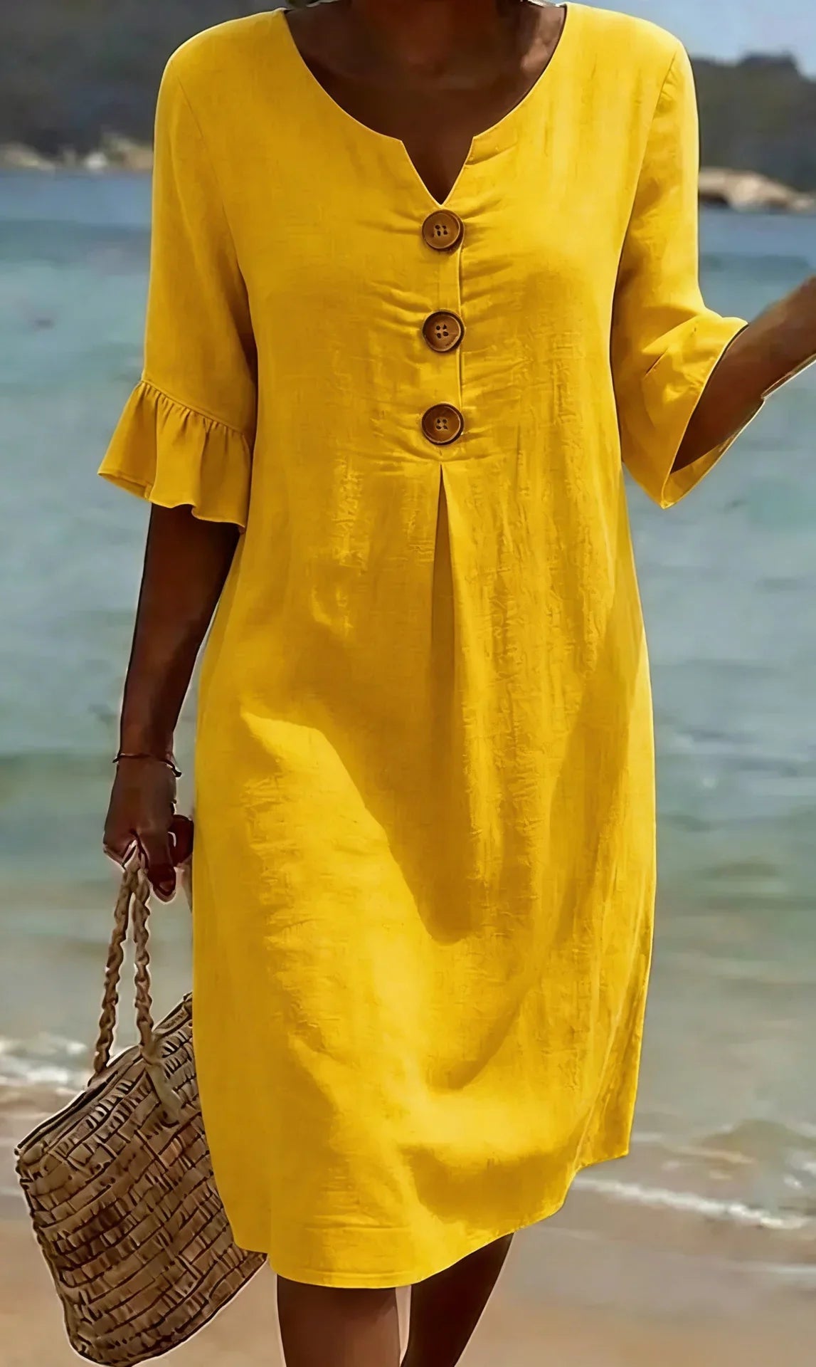 Vanesa | Vestido con textura de lino con manga abullonada y botones para Mujer