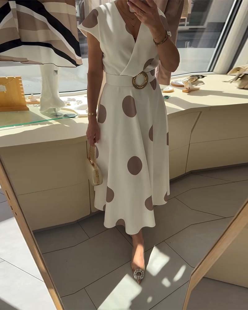 Lorena - Vestido midi para mujer con lunares y escote en V