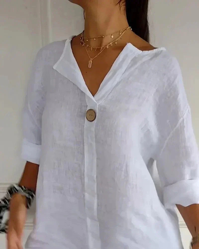 ARAI - Top de algodón y lino con cuello en V y botones