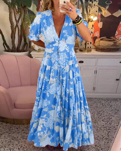 Catrisa™ - Vestido con cuello en V y estampado floral con bolsillos