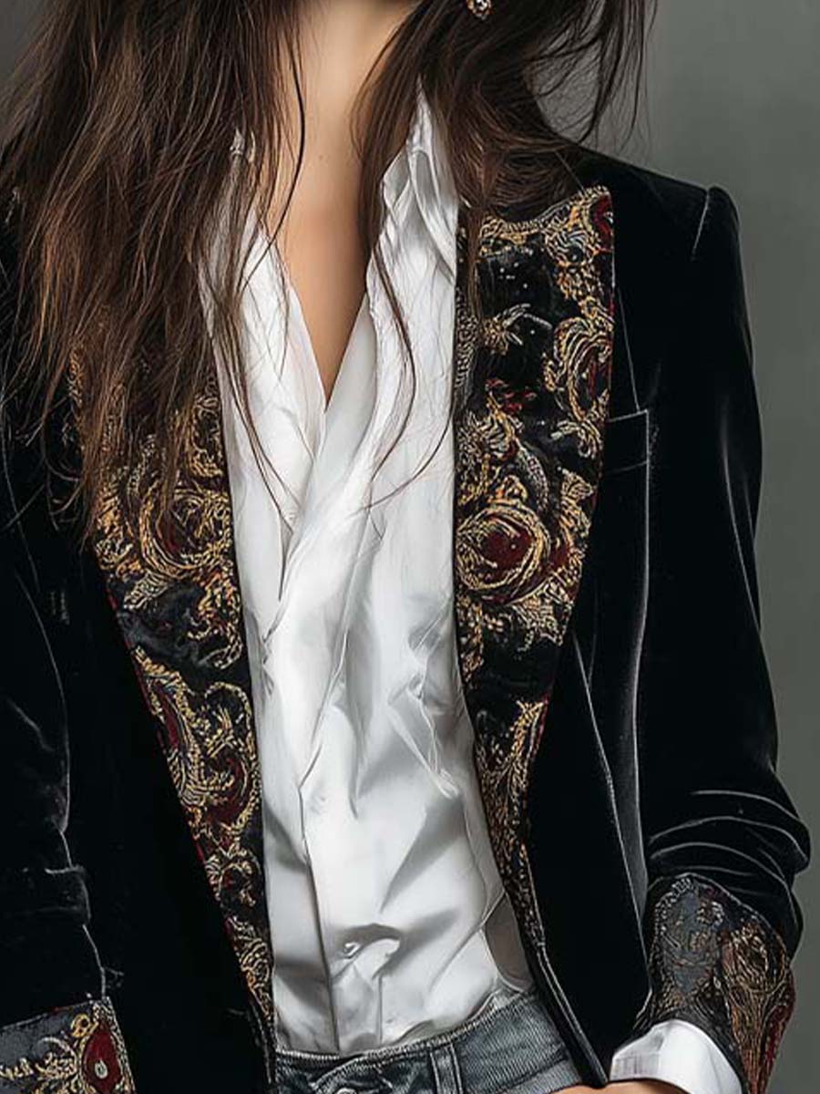 Carol - Blazer Slim Fit Negro Estampado Barroco para Mujer