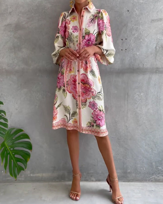Rosalva - Vestido de Manga Lámpara con Cuello Fruncido Impreso para Mujer